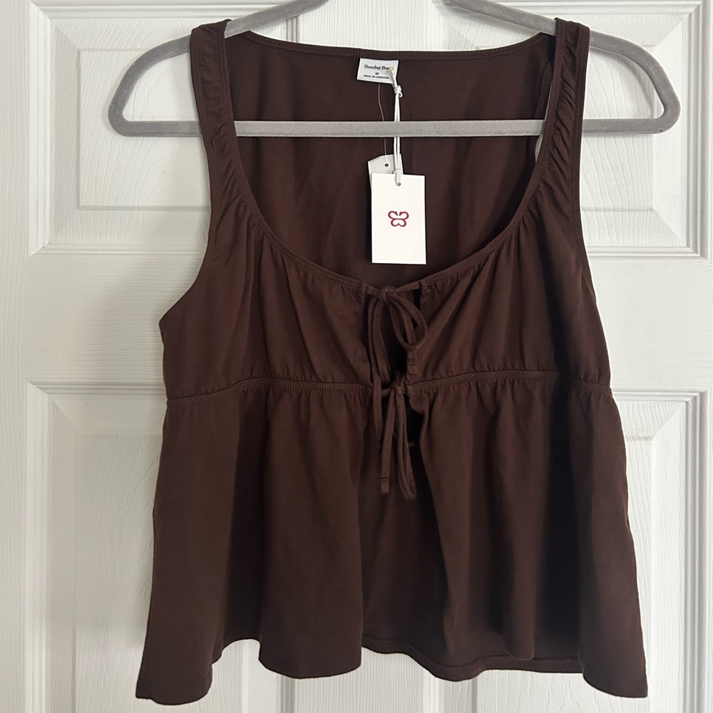 Aritzia Brown Smocked Tie Front Tank Top